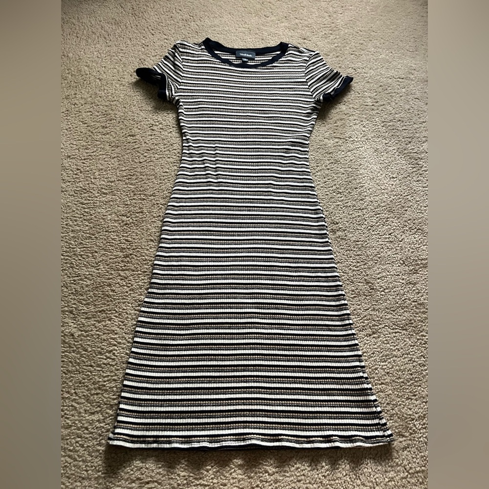 Modcloth Navy, Tan, and White Striped Midi Dress